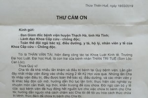 Thư cảm ơn Khoa Cấp cứu bệnh viện đa khoa huyện Thạch Hà