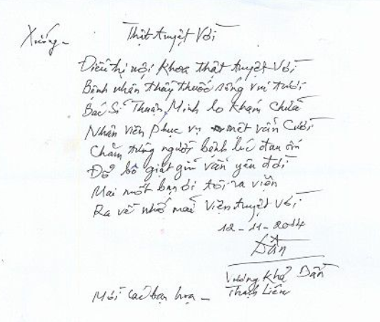 Bài thơ Thật tuyệt vời của bệnh nhân gửi Khoa Nội