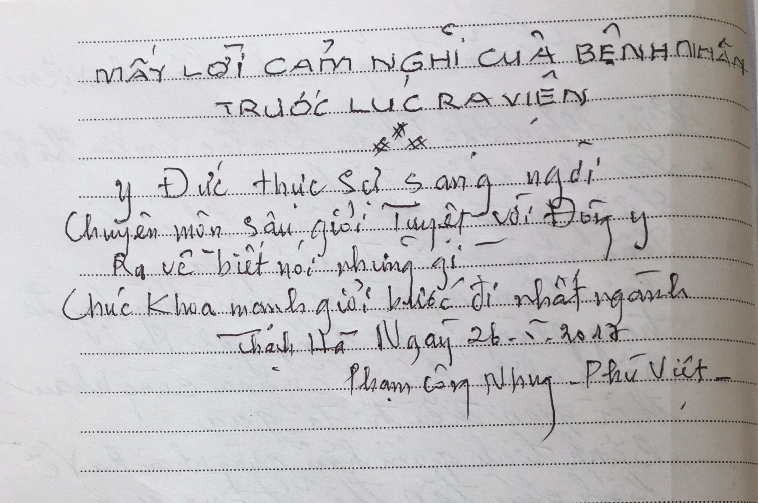 Cảm nghĩ của Bệnh nhân gửi Khoa YHCT BV Thạch Hà trước khi ra viện